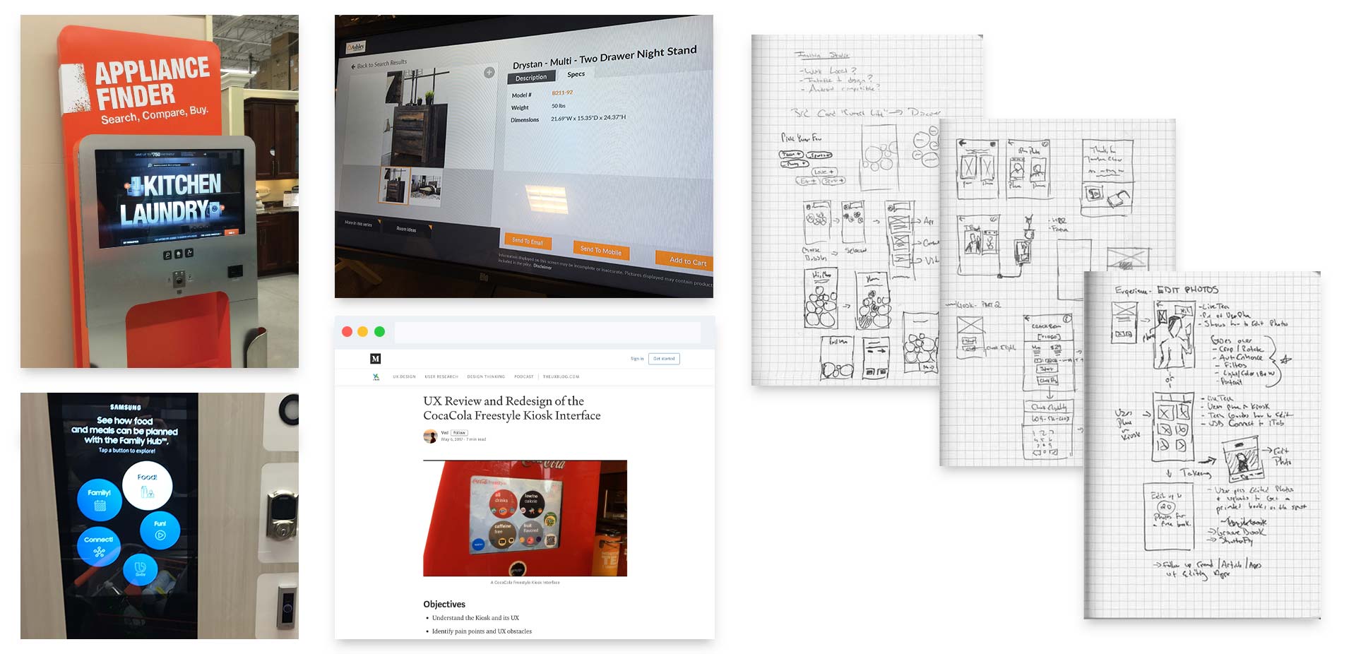 Home depot, Samsung and Ashley furniture touchscreens next to sketches of kiosk interface ideas.
